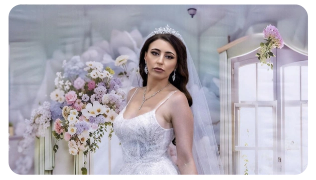 A bride in a sparkling gown poses elegantly with a backdrop of flowers and a sunlit window, creating a romantic atmosphere.